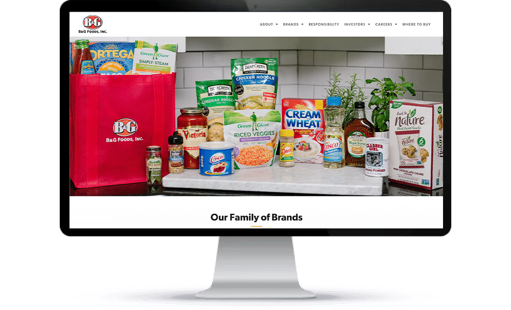 B&G-Site1 B&G Foods' wesbite homepage - showing its Family of Brands, including Ortega, Green Giant, Crisco, and more.
