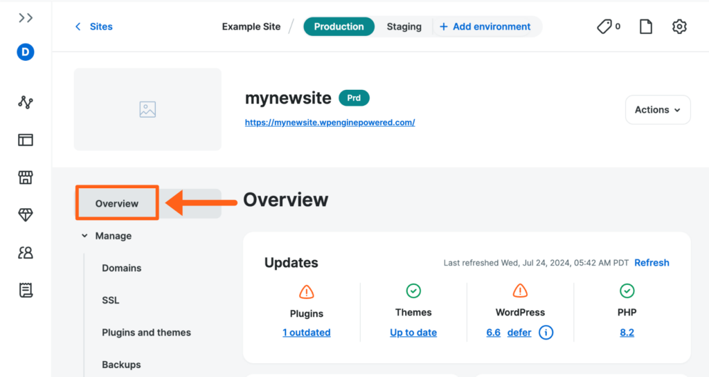 Screenshot of an environment's Overview page in the WP Engine User Portal
